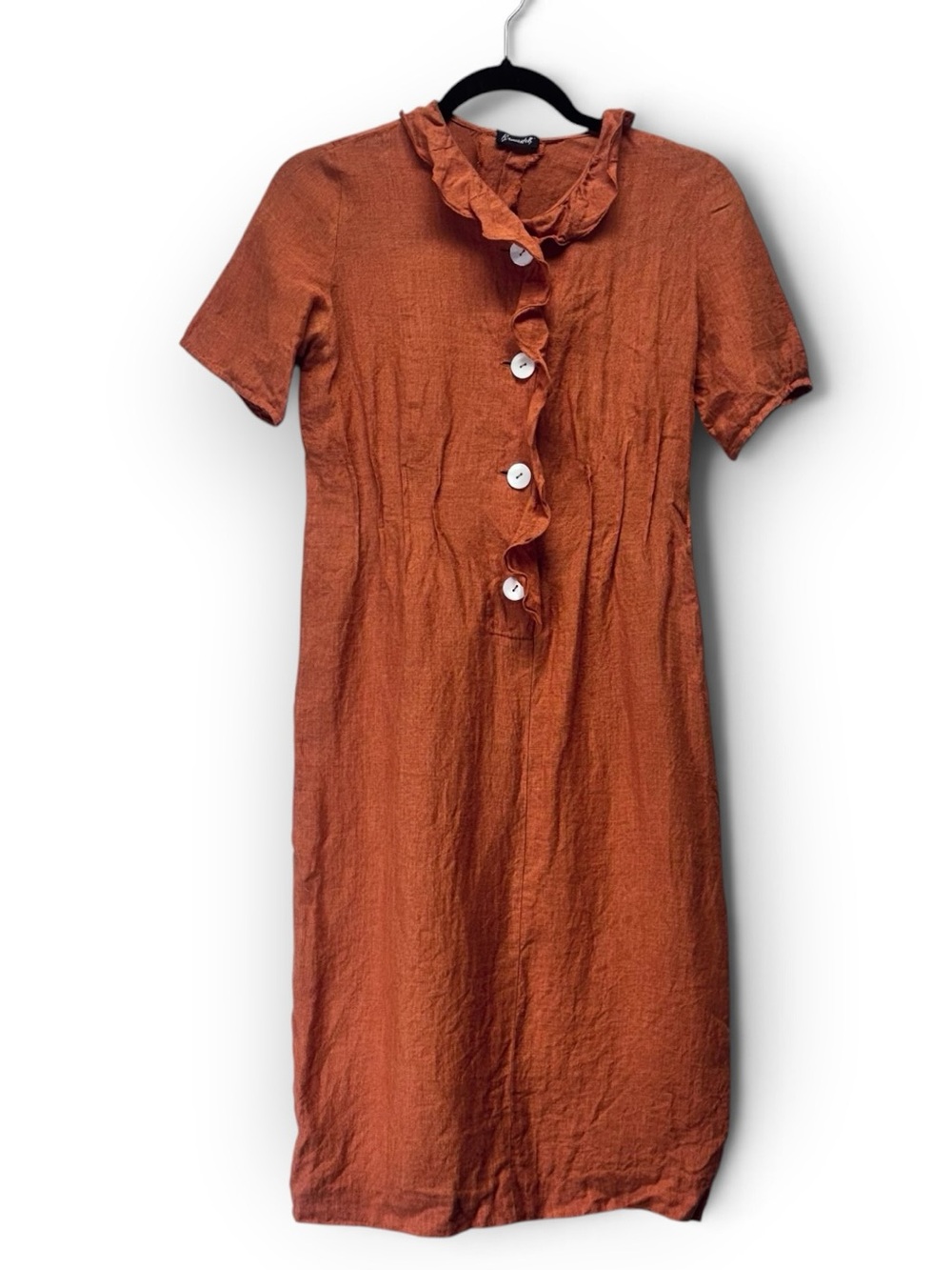 Brusadelli Italian Rust Orange Ruffle Button Midi Dress